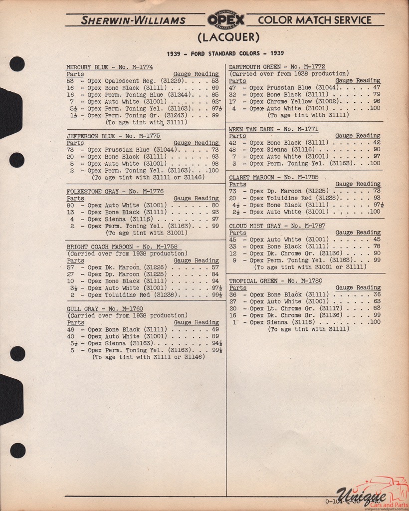 1939 Ford Paint Charts Sherwin-Williams 2